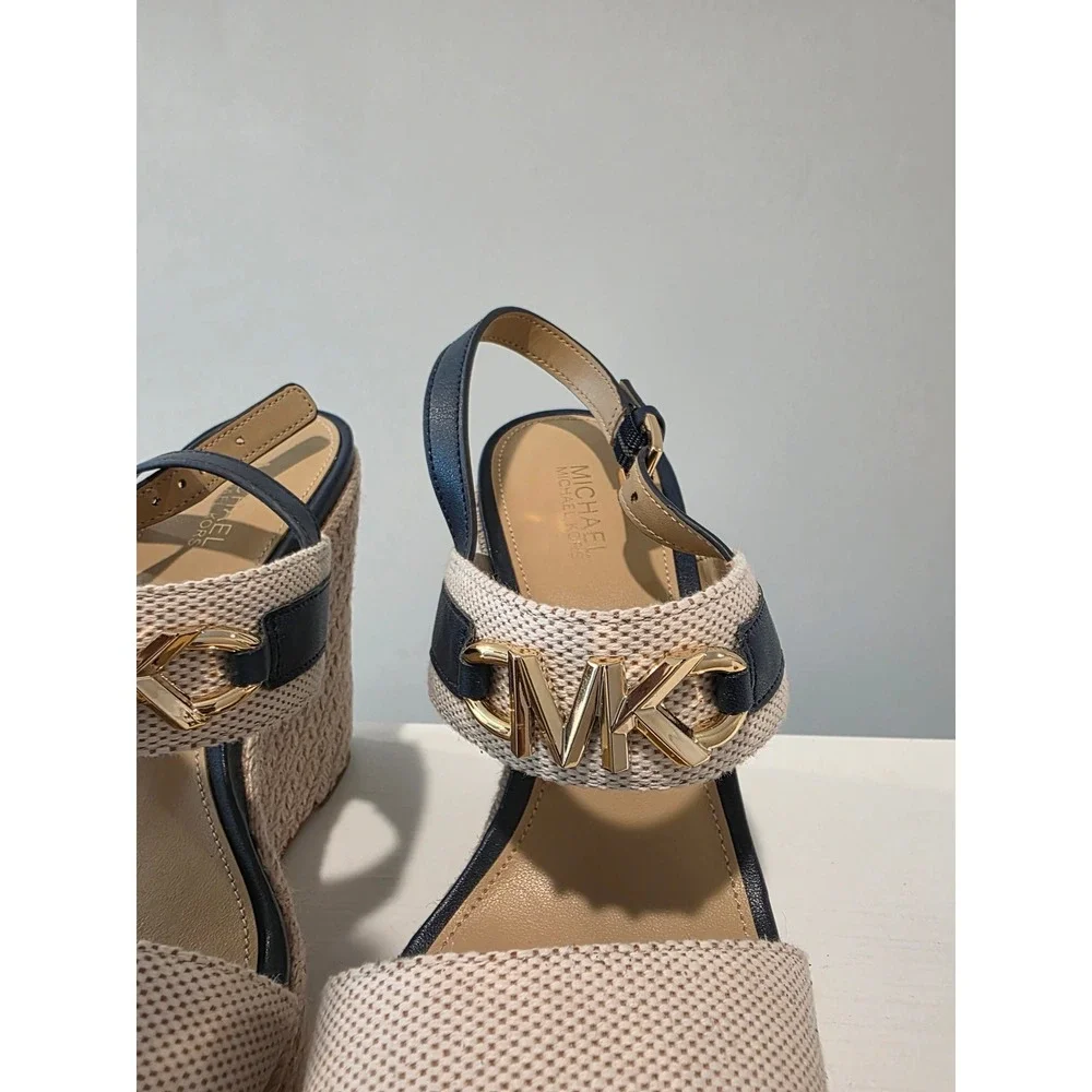 Women 6 M Michael‎ Kors Reed Wedge Sandals Navy Natural Espadrille Platform Logo